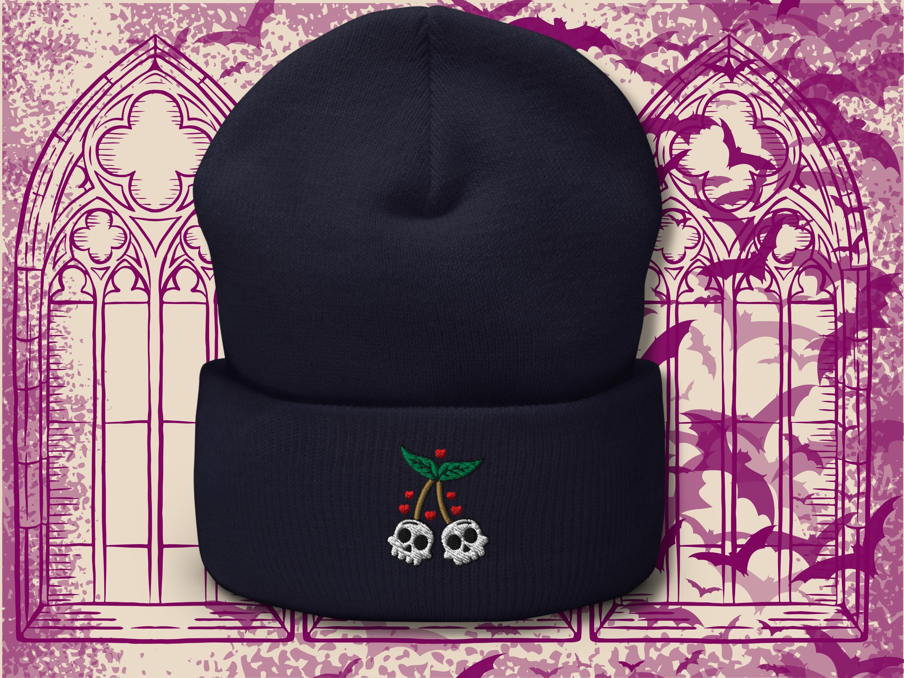 Skull Cherry Cuffed Beanie – Embroidered Alt Aesthetic Hat – Goth Y2K Grunge Beanie – Cute Punk Skull Hat – Edgy Streetwear Gift