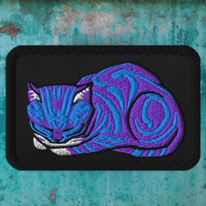 Cheshire Cat Iron On Patch – Teal Purple Striped Tabby Embroidery Gift for Book Nerds, Cat Lovers & Fantasy Geeks (in General)