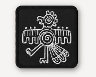 Bird Glyph Embroidered Patch – Mesoamerican-Inspired Rooster Iron-On, Tribal Symbol Design