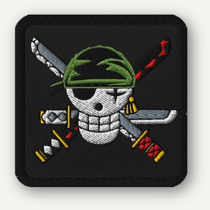 May include: Embroidered patch featuring a white skull with a scar, wearing a green bandana, and crossed swords. The swords have red and yellow accents. The patch is square with a black border.