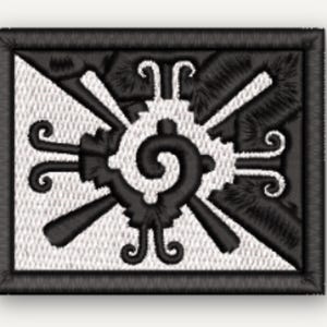 May include: A rectangular embroidered patch featuring a black and white design. The center displays a prominent black spiral motif surrounded by radiating black and white geometric shapes and curved lines, all enclosed within a thick black border.