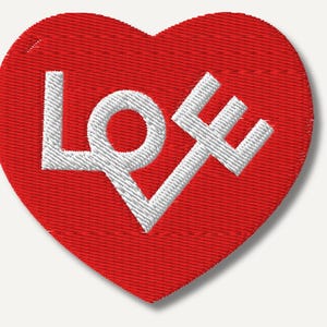 May include: Embroidered red heart patch with the word "LOVE" in white. The patch has a textured appearance, with the letters stitched into the fabric. The heart shape is clearly defined, making it a perfect emblem for Valentine's Day or expressing affection.