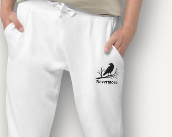 Pantalones deportivos Nevermore Raven bordados – Pantalones deportivos de felpa estilo gótico oscuro – Pantalones inspirados en Edgar Allan Poe