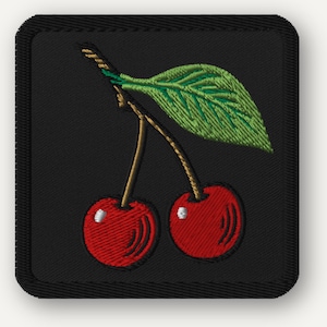 May include: Embroidered patch featuring two red cherries with white highlights, a green leaf, and a brown stem. The patch is square with rounded corners and a black background.
