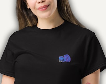 Cheshire Cat T-Shirt, Embroidered Teal & Purple Tabby Cat Tee