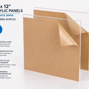 May include: Two square 12 inch by 12 inch extruded acrylic panels with a 1/4 inch thickness. Each clear panel is covered with a brown protective paper masking on both sides, with one corner of the paper partially peeled back to reveal the clear surface.