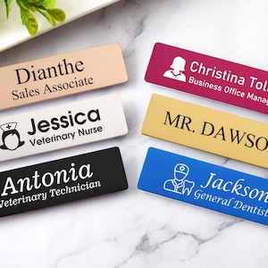 Personalized Plastic Name Badge with Pin or Magnet Attachment, Custom Name, Laser Engraved Name Tag, Office Name tags, Logo Name Tags