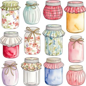 May include: Ten watercolour illustrations of glass jars with various coloured lids and decorative fabric coverings. The jars are filled with different coloured liquids and have a vintage aesthetic.