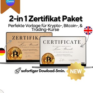 Pode incluir: Uma ilustração digital de dois computadores portáteis que exibem certificados por completar um curso sobre criptomoedas e negociação de Bitcoin. O texto nos certificados diz "ZERTIFIKA" e "CERTIFICATE". A imagem inclui um ícone de foguete, um ícone de estrela e o texto "sofortiger Dowload-5min. NEW".