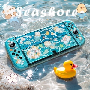 Summer Beach Theme Nintendo Switch OLED Protective Case, Cute Cartoon Cats & Ducklings, Kawaii NS Case, Gift For Her, Cool ns OLED Case