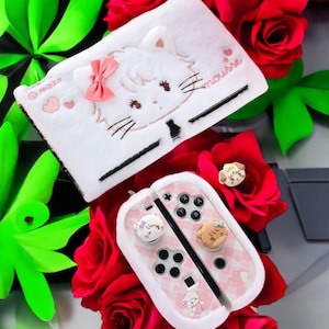 Süße Rosa Katze Plüsch NS OLED Hülle - Gesticktes Cartoon Design, Weicher & Harter Schalenschutz für Nintendo Switch OLED, Perfektes Geschenk für Gamer