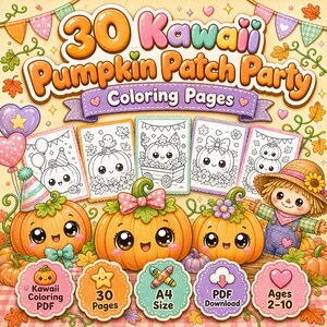 Disegni da colorare per la festa delle zucche, PDF stampabile di Halloween in stile Kawaii per bambini, simpatico libro di attività autunnali, 30 pagine in formato A4