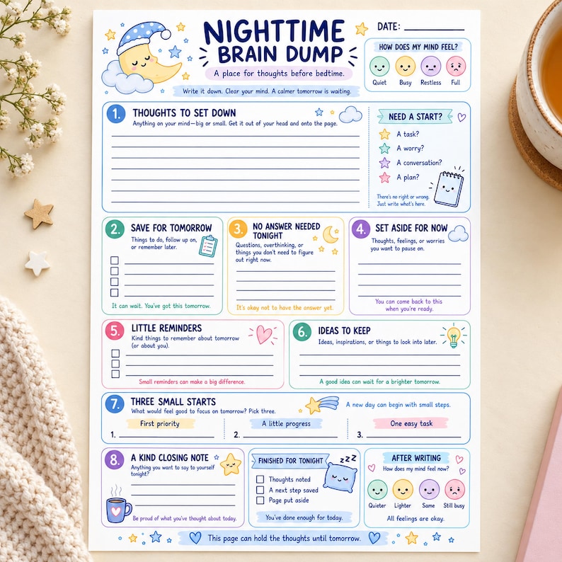 Exercice Lettering Fiche d'exercices et guide pour vider son cerveau le soir, style pastel ...