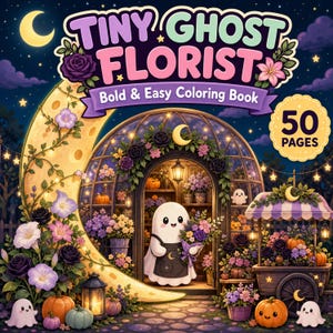 Può includere: Un libro da colorare intitolato Tiny Ghost Florist Bold & Easy Coloring Book con 50 pagine. La copertina mostra un fantasma bianco che tiene un bouquet di fiori in una serra, circondato da zucche, fiori e una luna crescente di notte.