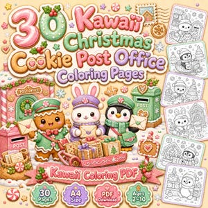 Może przedstawiać: Cyfrowa kolekcja 30 kolorowanek Kawaii Christmas Cookie Post Office przedstawiająca piernikowego ludzika, królika i pingwina w zimowych strojach. Zestaw zawiera plik PDF do pobrania w formacie A4, odpowiedni dla dzieci w wieku 2-10 lat.