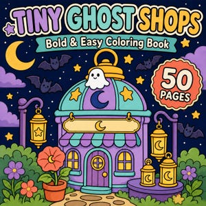 Può includere: Un libro da colorare intitolato Tiny Ghost Shops Bold & Easy Coloring Book con 50 pagine. La copertina mostra un negozio viola con una cupola, un fantasma bianco, lanterne gialle, pipistrelli, una luna crescente e fiori su un cielo notturno.