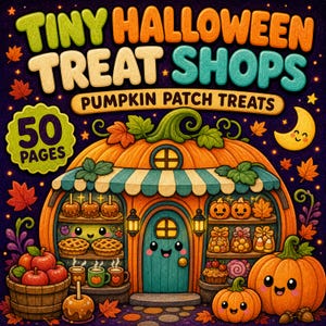 Puede incluir: Una portada de libro titulada Tiny Halloween Treat Shops Pumpkin Patch Treats con 50 páginas. La ilustración muestra una tienda con forma de calabaza con una puerta turquesa, un toldo a rayas y estantes llenos de dulces y calabazas.