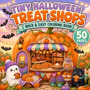 May include: A coloring book titled Tiny Halloween Treat Shops Bold & Easy Coloring Book with 50 pages. The cover features a large pumpkin-shaped shop, a ghost holding a candy apple, a black cat, bats, and various pumpkin-themed treats.
