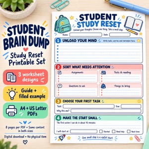 May include: A Student Study Reset printable worksheet featuring four sections: Unload Your Mind, Sort What Needs Attention, Choose Your First Task, and Make The Start Small. The document includes colorful icons of a backpack, notebook, and pencil.