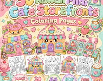 Könnte beinhalten: Eine digitale Sammlung von 30 Kawaii Mini Cafe Storefronts Ausmalbildern mit pastellfarbenen Illustrationen von Läden mit lächelnden Gesichtern, Donuts, Cupcakes und Erdbeeren sowie Texten, die auf A4-Größe und PDF-Download hinweisen.