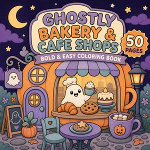 Può includere: Un libro da colorare intitolato Ghostly Bakery & Cafe Shops con 50 pagine. La copertina mostra un edificio a forma di zucca con un fantasma chef che serve un croissant, un biscotto e una torta. Un tavolo, una sedia e una tazza sono davanti.