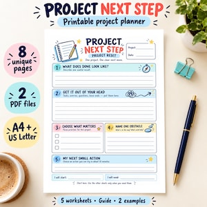 May include: A printable project planner sheet titled Project Next Step Project Reset. The document includes sections for project details, defining results, listing tasks, choosing priorities, identifying obstacles, and planning a next small action.