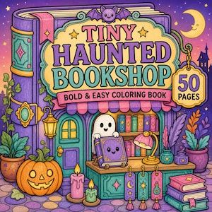 Può includere: Una copertina di un libro da colorare intitolato Tiny Haunted Bookshop con 50 pagine. L'illustrazione mostra un negozio a forma di libro viola, un fantasma, una zucca, candele e libri sotto un cielo notturno con una luna crescente e un pipistrello.