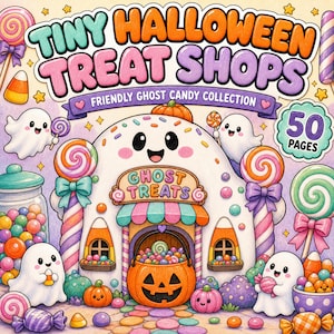 Può includere: Una copertina di un libro da colorare intitolata Tiny Halloween Treat Shops Friendly Ghost Candy Collection con 50 pagine. L'illustrazione mostra un negozio a forma di fantasma, fantasmi sorridenti, caramelle, lecca-lecca e una zucca piena di dolci.