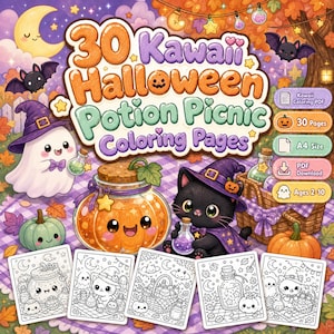 May include: A digital collection of 30 Kawaii Halloween Potion Picnic coloring pages featuring a ghost in a purple hat, a pumpkin jar, and a black cat in a witch hat. The set includes a PDF download, A4 size, and is for ages 2-10.