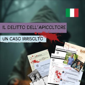 以下が含まれることがあります： イタリア語のテキスト「IL DELITTO DELL'APICOLTORE UN CASO IRRISOLTO」が特徴的な画像。背景はぼやけており、検死報告書や尋問記録など、文書や画像が散らばっています。赤い飛沫効果も表示されています。