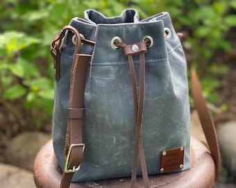 The Cinch Top Bucket Bag, Shoulder Bag, Tote Bag in Waxed Canvas