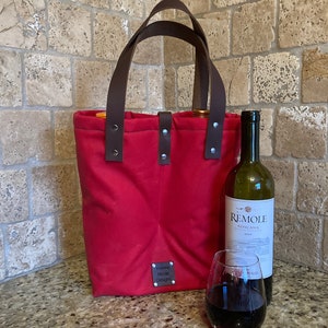 Waxed Canvas Double Bottle Wine Carrier, Wine Tote, WIne Bag Sleeve, Handcrafted in USA afbeelding 1