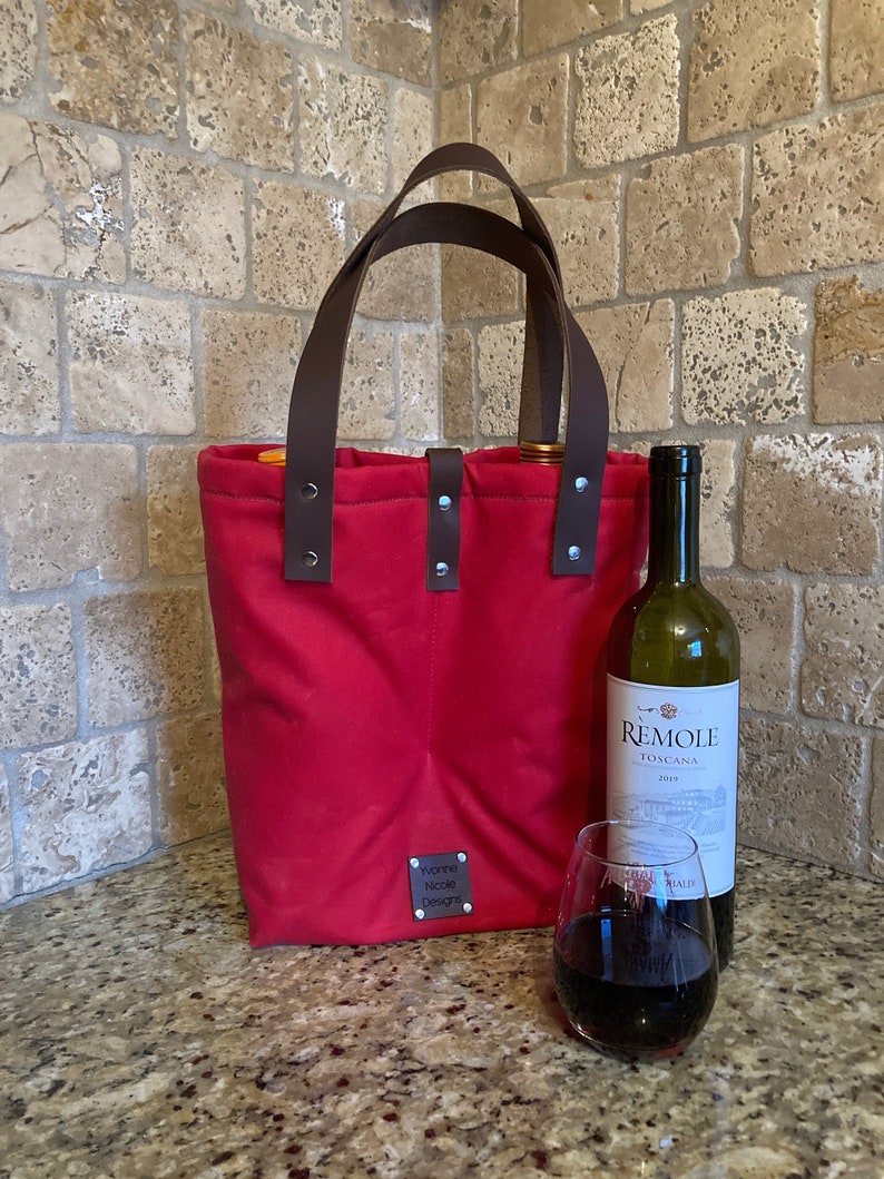 Waxed Canvas Double Bottle Wine Carrier, Wine Tote, WIne Bag Sleeve, Handcrafted in USA afbeelding 1