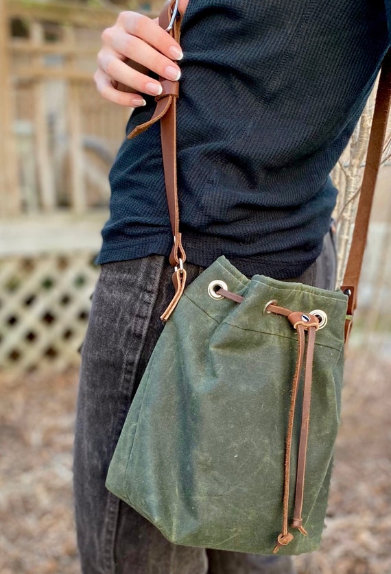 The Cinch Top Bucket Bag Shoulder Bag Tote Bag in Waxed Canvas