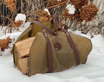 Waxed Canvas Firewood Carrier, Log Holder, Handcrafted in USA