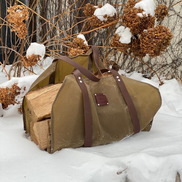 Waxed Canvas Firewood Carrier, Log Holder, Handcrafted in USA