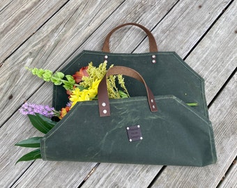 Waxed Canvas Garden Carrier, Flower Sling, Harvest Fetcher, Handcrafted in USA