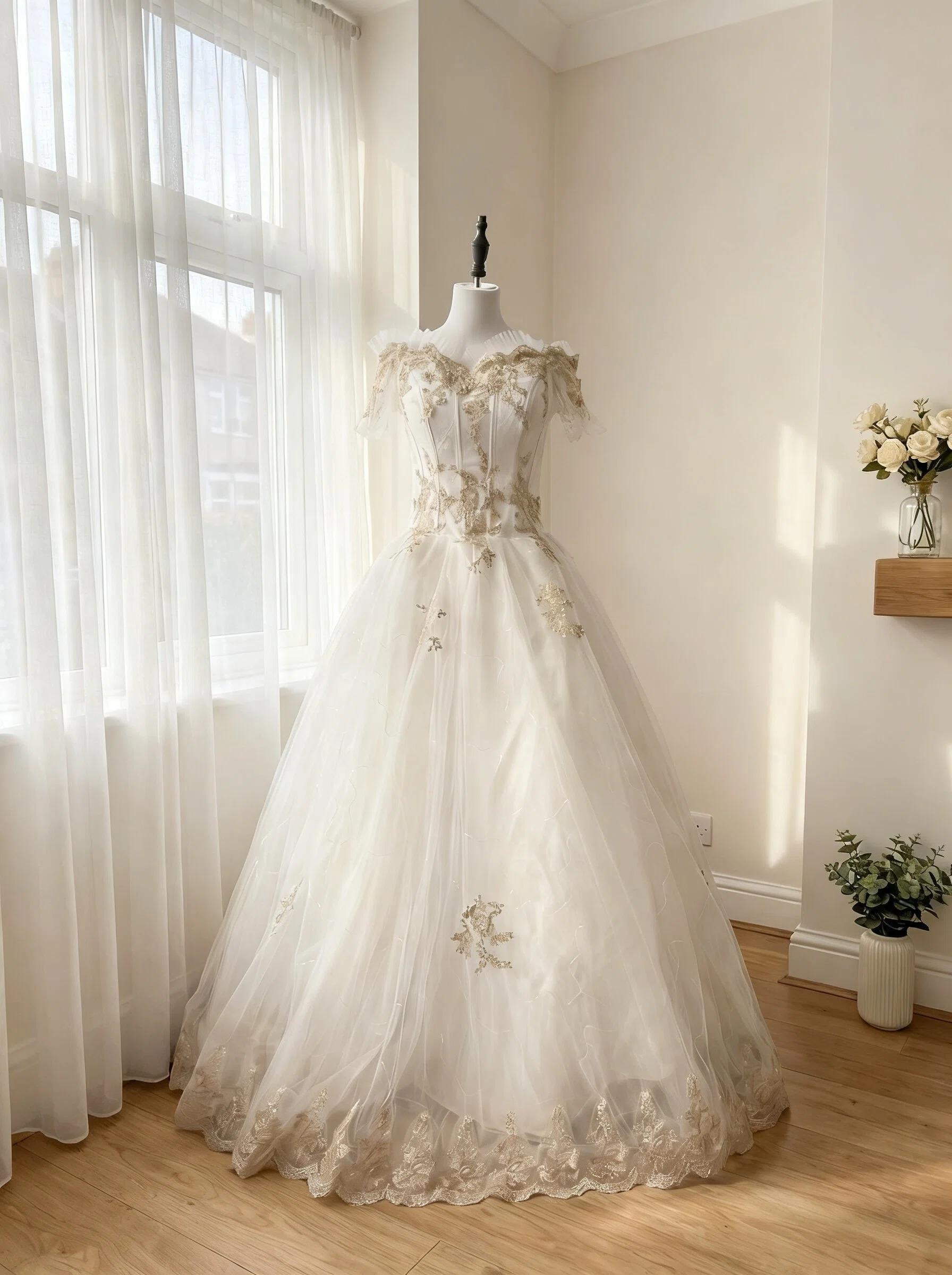 Off-Shoulder Gold Lace Ball Gown Wedding Dress, Romantic Fairytale Bridal Gown