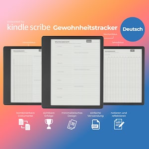 Könnte beinhalten: Drei schwarz-weiße digitale Bildschirme, die einen monatlichen, wöchentlichen und jährlichen Gewohnheitstracker für den Kindle Scribe zeigen. Die Bildschirme sind mit "Monatsübersicht", "Wochenübersicht" und "Jahresübersicht" beschriftet. Der Text "Entwickelt für kindle scribe Gewohnheitstracker Deutsch" befindet sich oben im Bild.