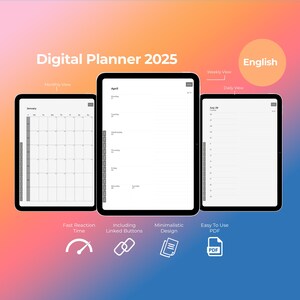Könnte beinhalten: Ein digitaler Planer für 2025 mit Monats-, Wochen- und Tagesansicht. Der Planer ist minimalistisch gestaltet und verfügt über verknüpfte Schaltflächen für eine einfache Navigation. Der Planer ist im PDF-Format verfügbar.
