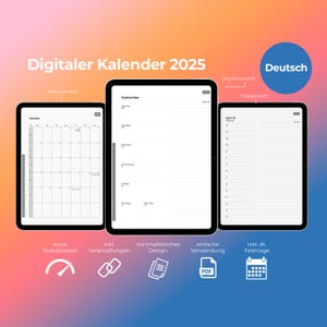 Könnte beinhalten: Ein digitaler Kalender für 2025 in deutscher Sprache. Der Kalender wird auf drei Tablet-Bildschirmen angezeigt, die eine Monatsansicht, eine Wochenansicht und eine Tagesansicht zeigen. Der Kalender zeichnet sich durch ein minimalistisches Design aus und beinhaltet deutsche Feiertage.