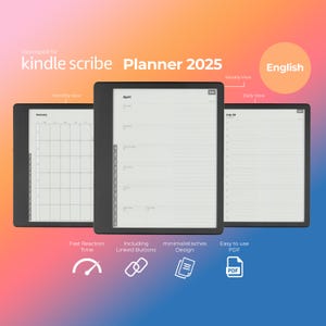 May include: A digital planner for the Kindle Scribe, showing a monthly, weekly, and daily view. The planner is designed with a minimalist aesthetic and includes linked buttons for easy navigation. The planner is available in English.