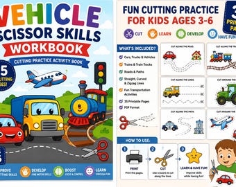 Vehicle Scissor Skills Workbook for Kids Ages 3-6 – Cars, Trucks, Trains Cutting Practice (PDF)