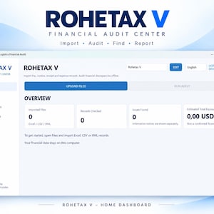 Könnte beinhalten: Die Softwareoberfläche Rohetax V Financial Audit Center zeigt ein Dashboard mit Navigationsoptionen für Home, Files, Findings und Reports. Der Hauptbereich enthält eine Schaltfläche Upload Files und einen Übersichtsbereich, der null importierte Dateien, null geprüfte Datensätze, null gefundene Probleme und ein geschätztes Gesamtrisiko von 0,00 USD anzeigt.