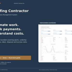 Puede incluir: Un sistema digital de gestión empresarial en Excel para techadores sobre un fondo azul oscuro. El texto dice Roofing Contractor, Estimate work. Track payments. Understand costs. 16 sheets + demo + illustrated guide. Incluye una vista previa del panel.