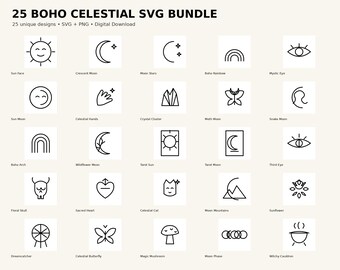 Boho Celestial SVG Bundle, Moon Sun Tarot Designs (Digital Download)