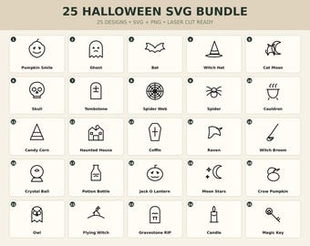 25 Halloween SVG Bundle, Spooky Laser Cut Files, Pumpkin Ghost Witch Bat (Digital Download)