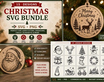 15 Christmas SVG Bundle: Santa, Reindeer, Snowman (Digital Download)