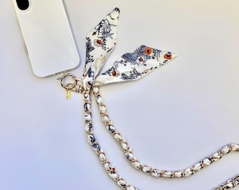 Correa para teléfono personalizada, correa cruzada para teléfono, cadena para teléfono con letras personalizadas, correa de pañuelo de seda floral, accesorio para teléfono, correa de muñeca