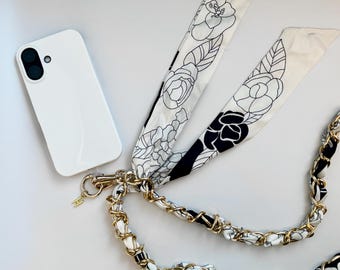 Cadena para teléfono personalizada, cordón cruzado, cadena con letras personalizadas, correa de seda floral para bufanda, accesorio para teléfono, diseño floral negro.